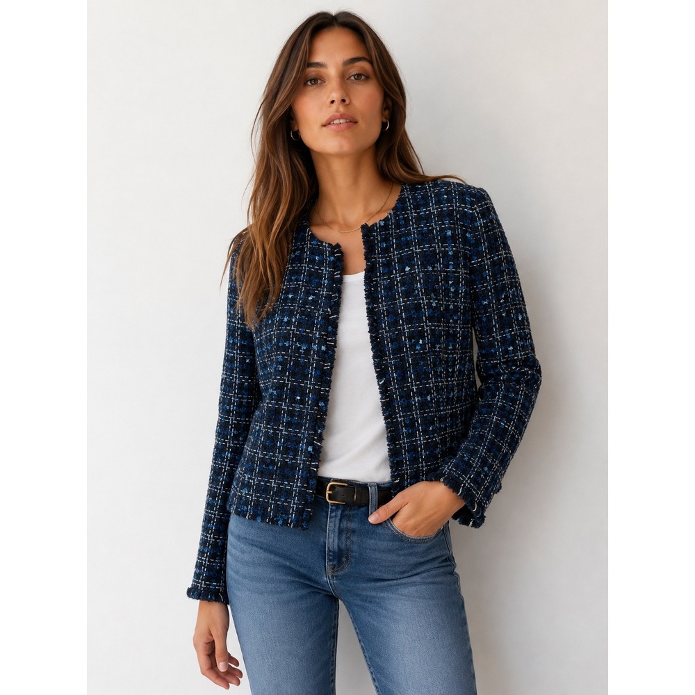 Calvin Klein Tweed Jacket Womens 12P Blue Open Front Metallic Professional NWT